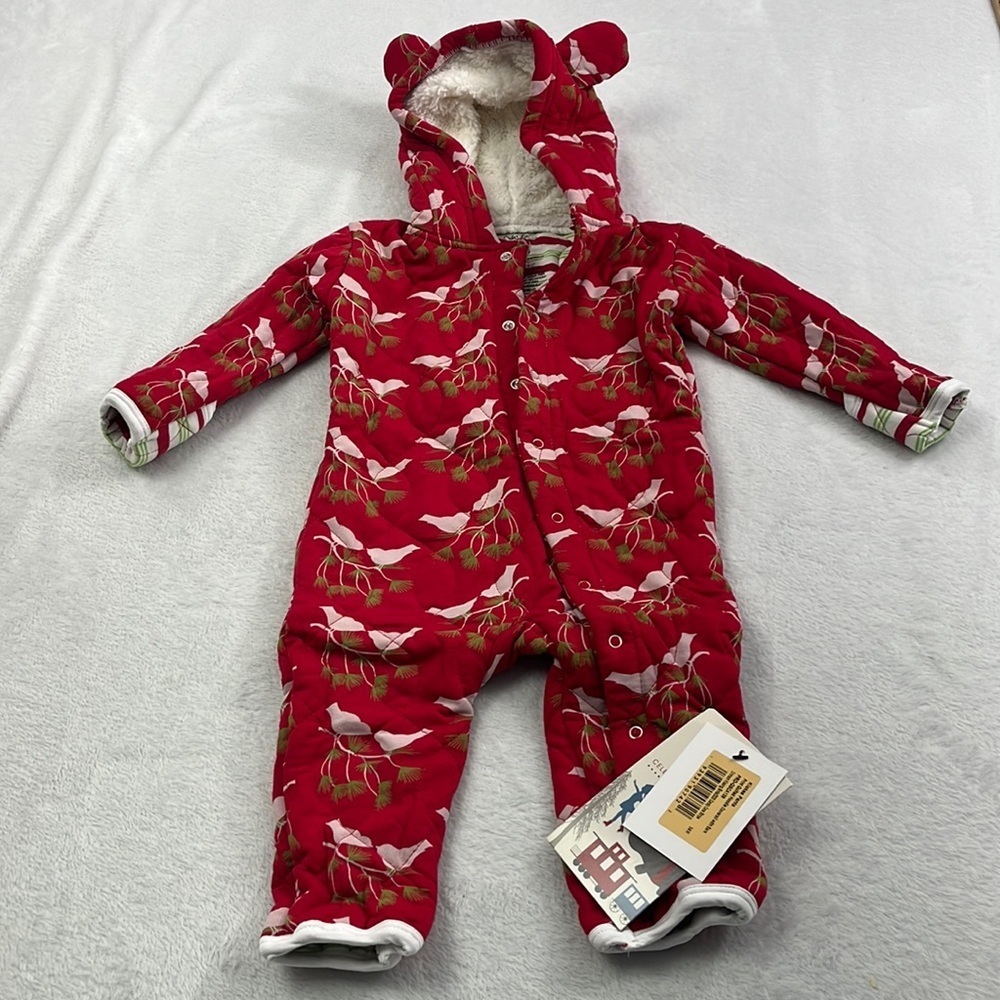 NWT 3-6 Mo Kickee Pants Quilted Hoodie Coverall with Ears. Crimson Kissing Birds